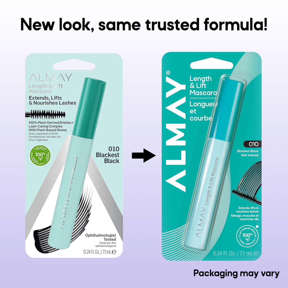 Almay packaging highlighting recycled materials and clean formulation