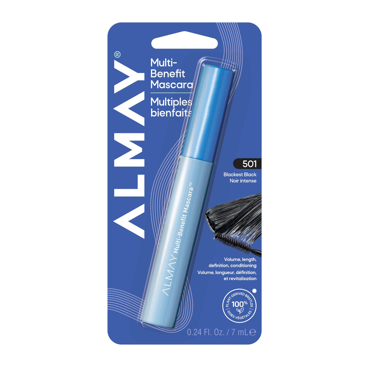 Almay mascara front view showing sleek tube and Blackest Black shade benefit