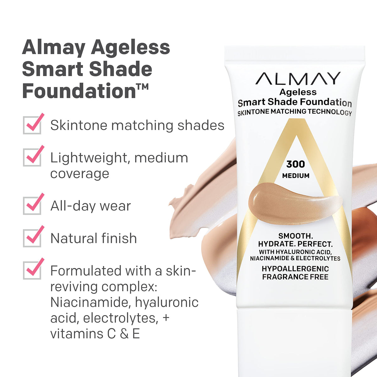 Almay foundation pumped onto fingertip demonstrating easy dispense and control