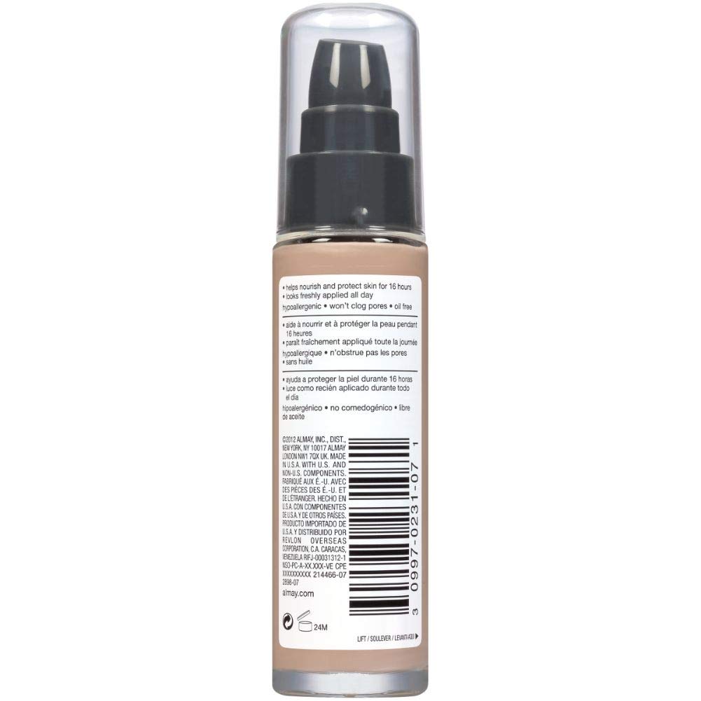 Almay bottle next to ruler displaying 1 fl oz size and travel-friendly benefit