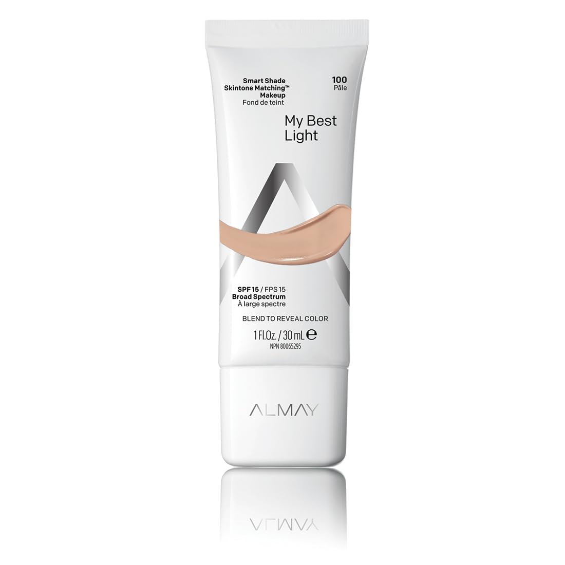 Almay bottle front view showing smart shade foundation and SPF 15 benefit