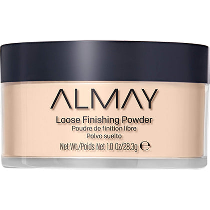 Almay loose powder front packaging showing lightweight finish benefit