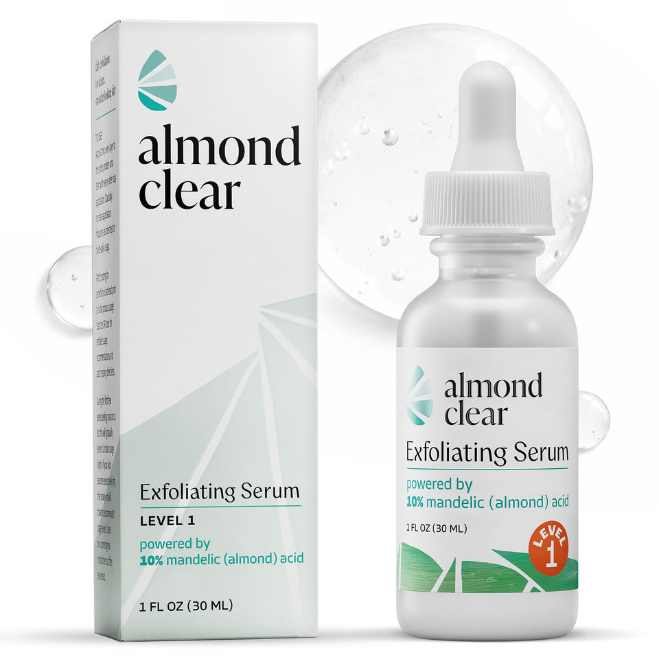 Almond Clear front bottle showing brand and level 1 for clear skin benefits