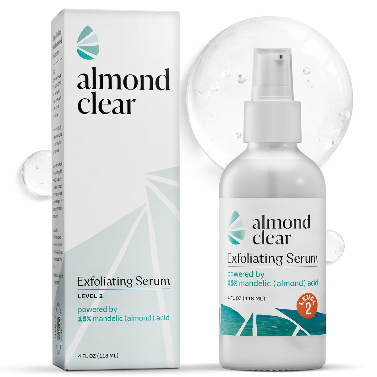 Almond Clear Level 2 front bottle view showing branding and pump, ideal for body acne care