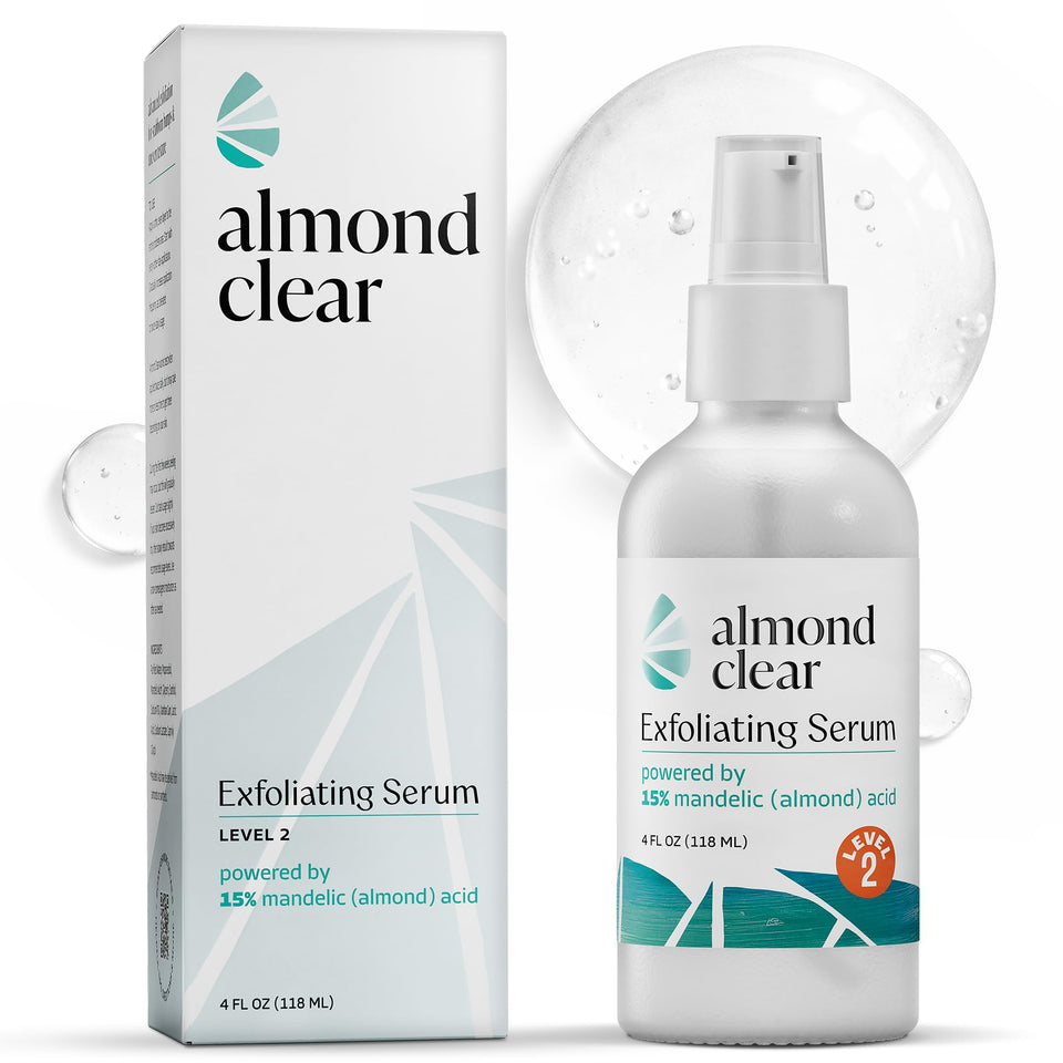 Almond Clear Level 2 front bottle view showing branding and pump, ideal for body acne care