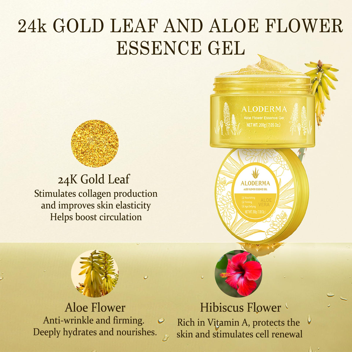 Aloderma 24K gold leaf detail highlighting shimmer for an instant luminous finish