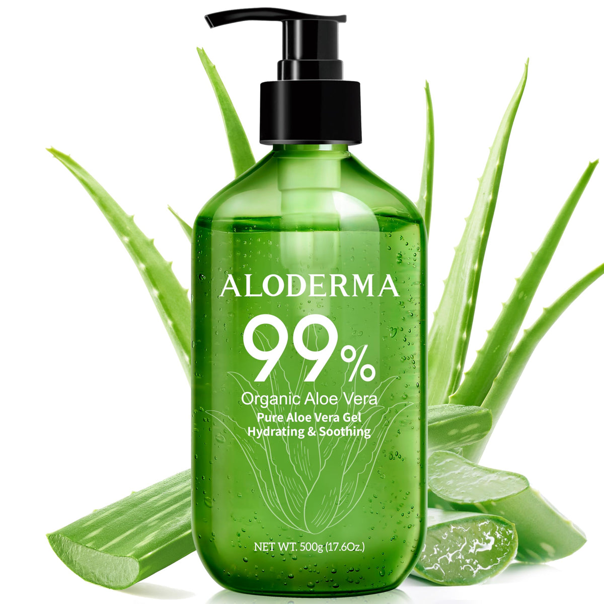 Aloderma front pump bottle showcasing large value size and easy dispensing