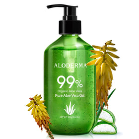 Aloderma pump bottle front view showing clean organic packaging and easy dispensing