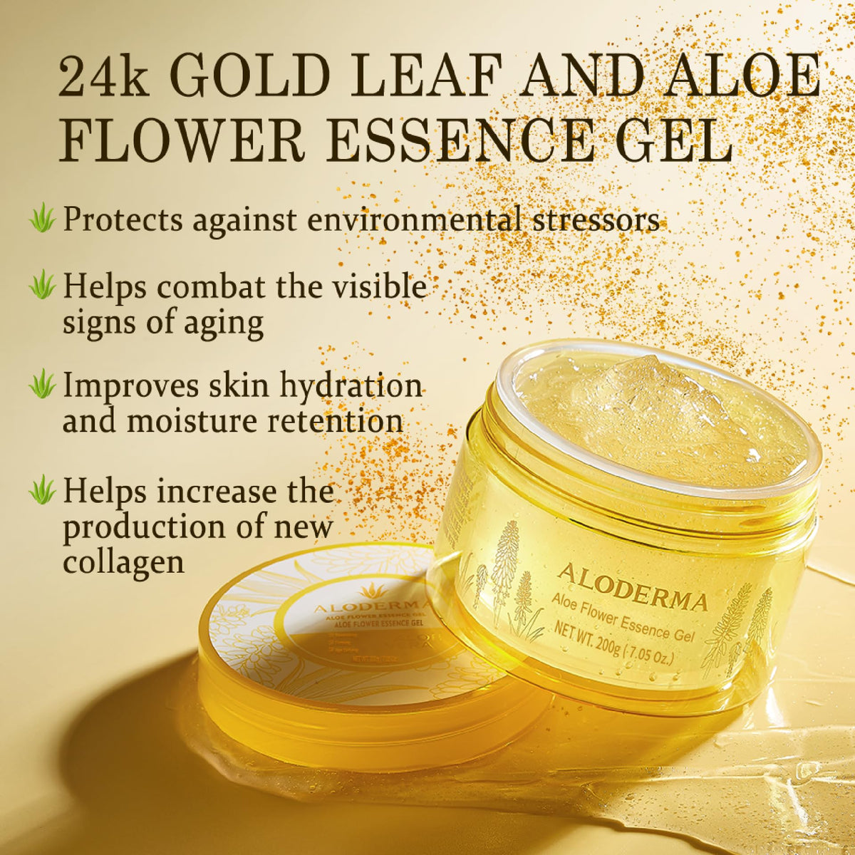 Aloderma gel texture close-up displaying smooth aloe gel and lightweight hydration