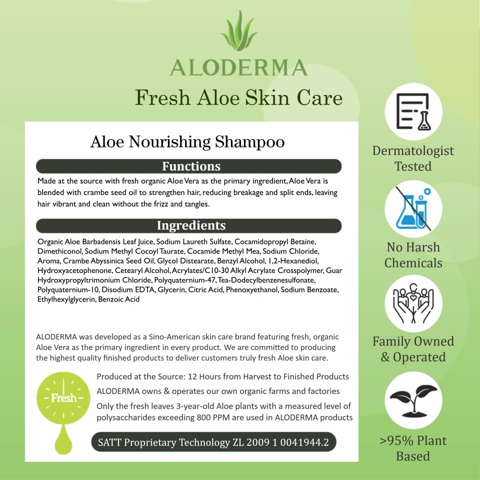 Aloderma shampoo held in hand for scale and portable 16oz convenience