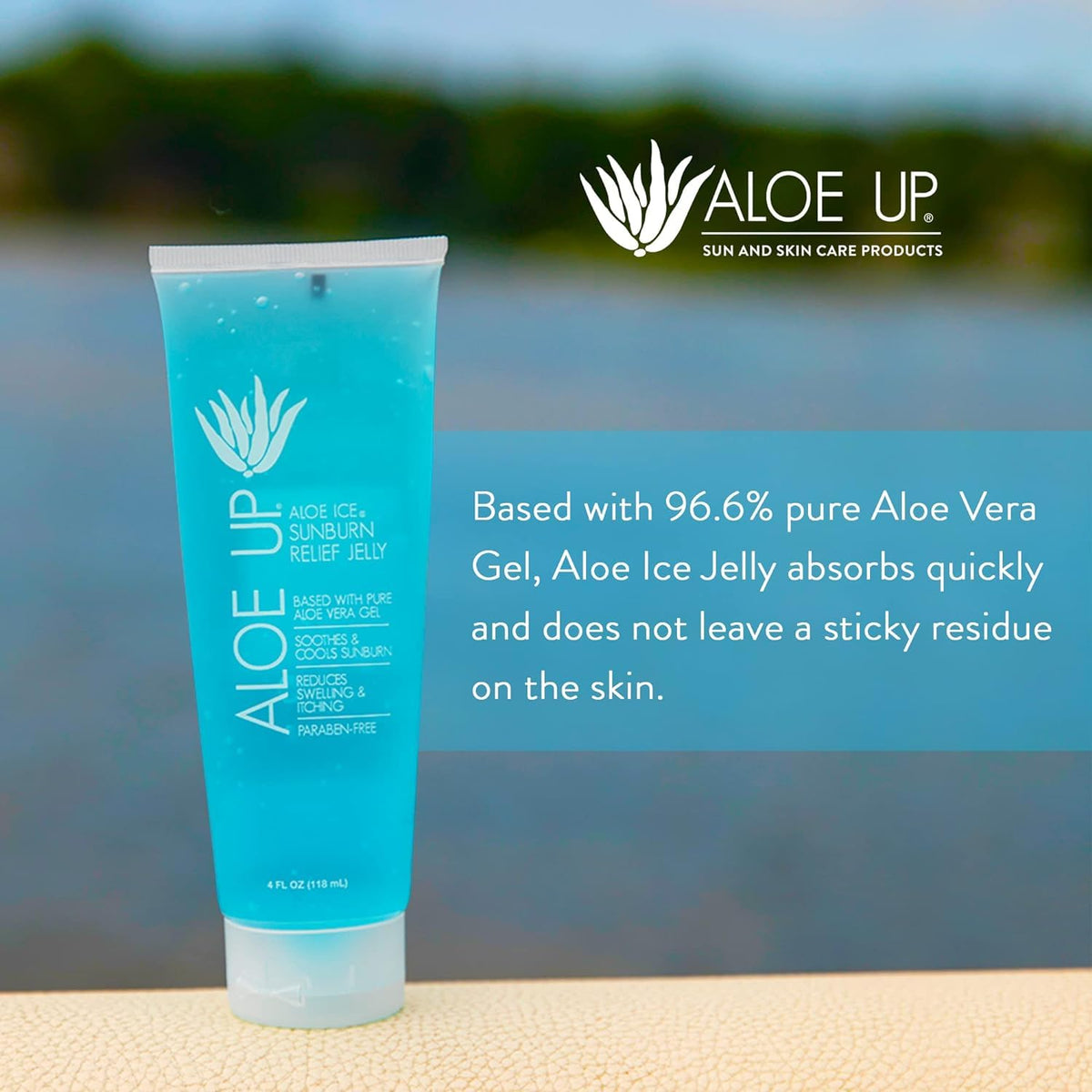 ALOE UP in a beach setting, brand reef-friendly relief after sun exposure