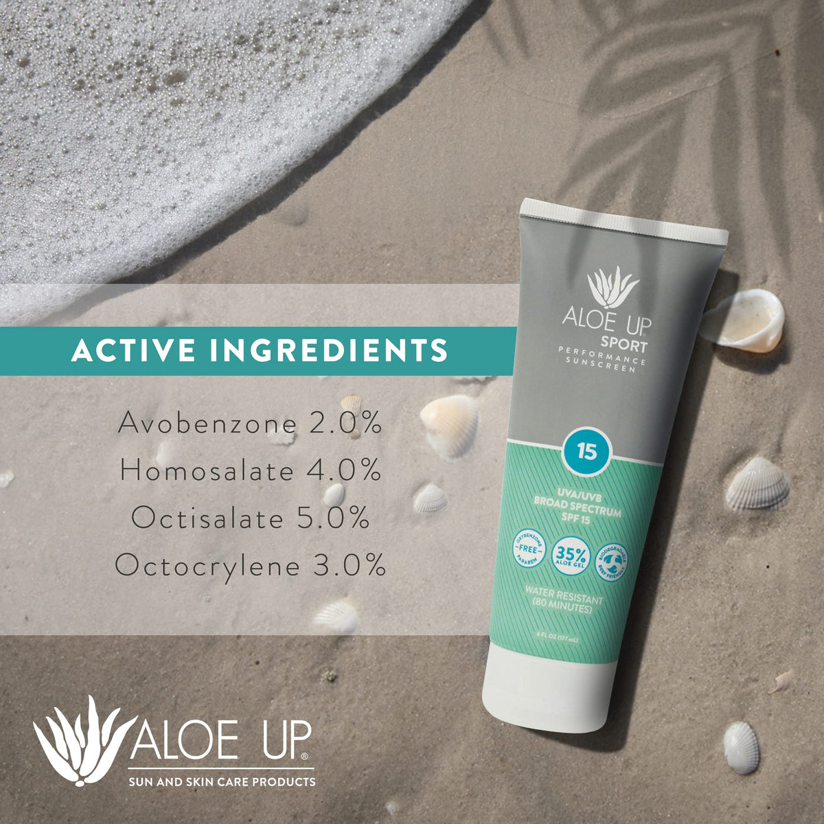 ALOE UP in a beach setting showing sport use and comfortable wear