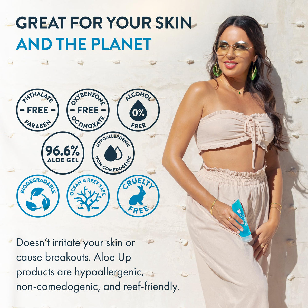 ALOE UP used on face, brand delivering lightweight, non-greasy moisture