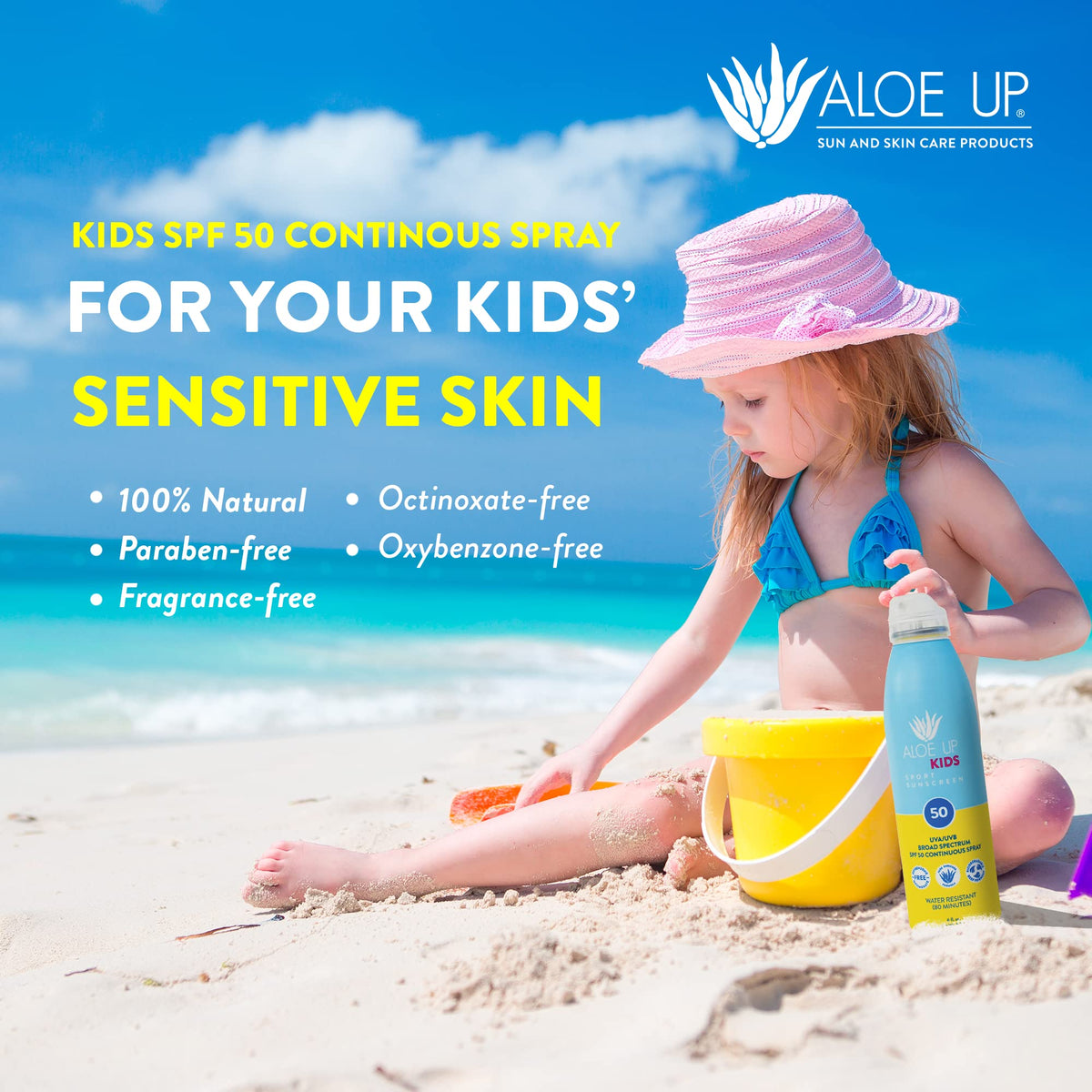 Family at beach using Aloe Up spray for quick re-application