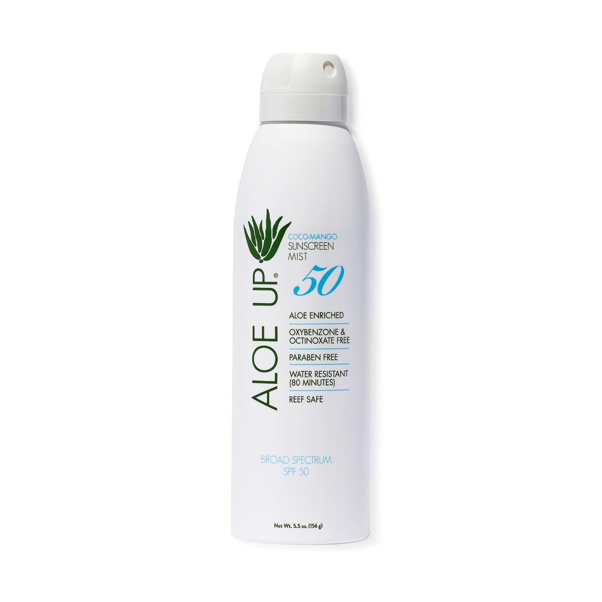 ALOE UP front bottle showing Coco Mango scent and compact 5.5 oz size benefit