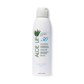 ALOE UP front bottle showing Coco Mango scent and compact 5.5 oz size benefit