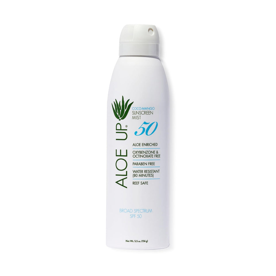 ALOE UP front bottle showing Coco Mango scent and compact 5.5 oz size benefit