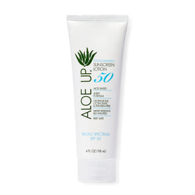 Aloe Up front packaging showing 4 oz bottle and SPF 50 protection