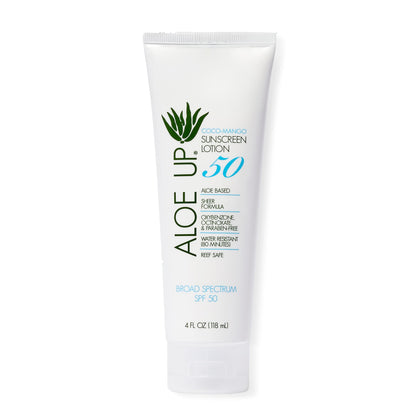 Aloe Up front packaging showing 4 oz bottle and SPF 50 protection