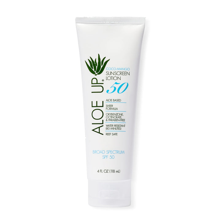 Aloe Up front packaging showing 4 oz bottle and SPF 50 protection