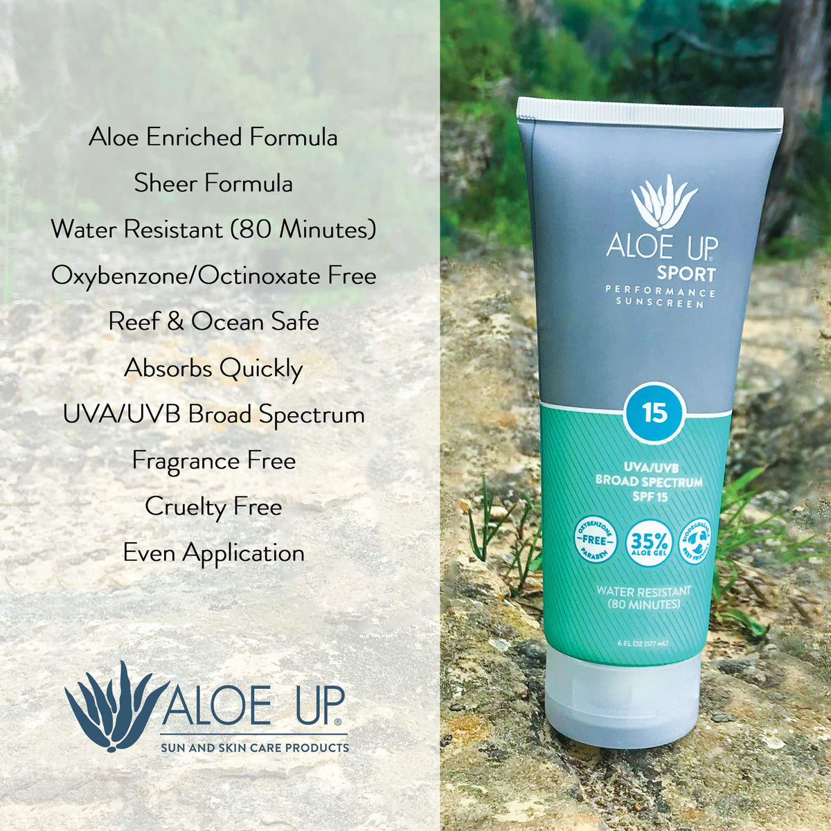 ALOE UP label close-up showing ingredient list and fragrance-free callout