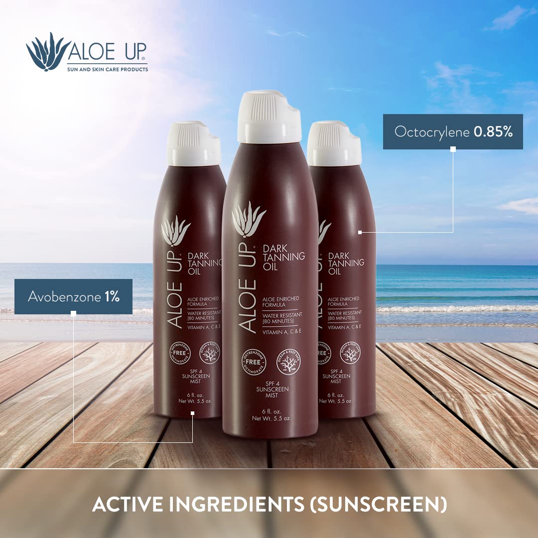 Aloe Up bottle on sandy beach illustrating outdoor tanning use