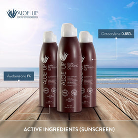 Aloe Up bottle on sandy beach illustrating outdoor tanning use