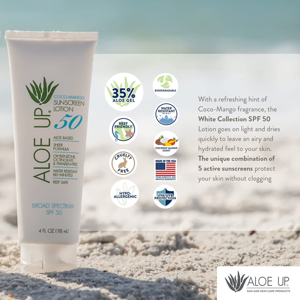 Aloe Up bottle on beach towel illustrating outdoor use and scent