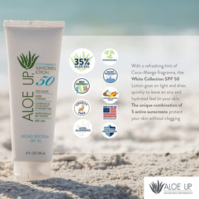 Aloe Up bottle on beach towel illustrating outdoor use and scent