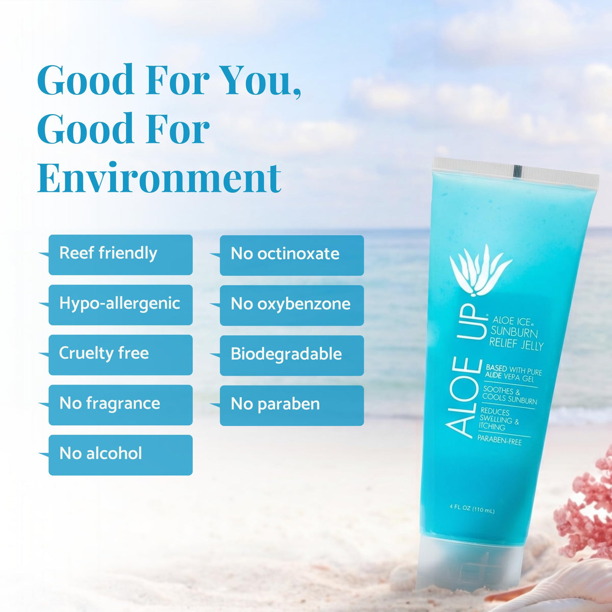 ALOE UP on a beach towel highlighting reef-friendly benefit
