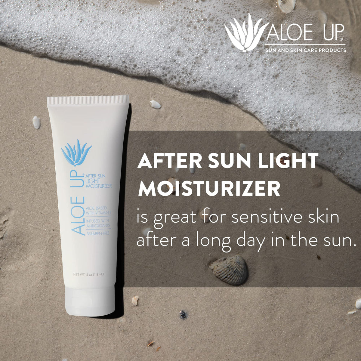 ALOE UP 4 oz next to sunglasses to show travel-friendly size benefit