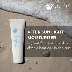 ALOE UP 4 oz next to sunglasses to show travel-friendly size benefit