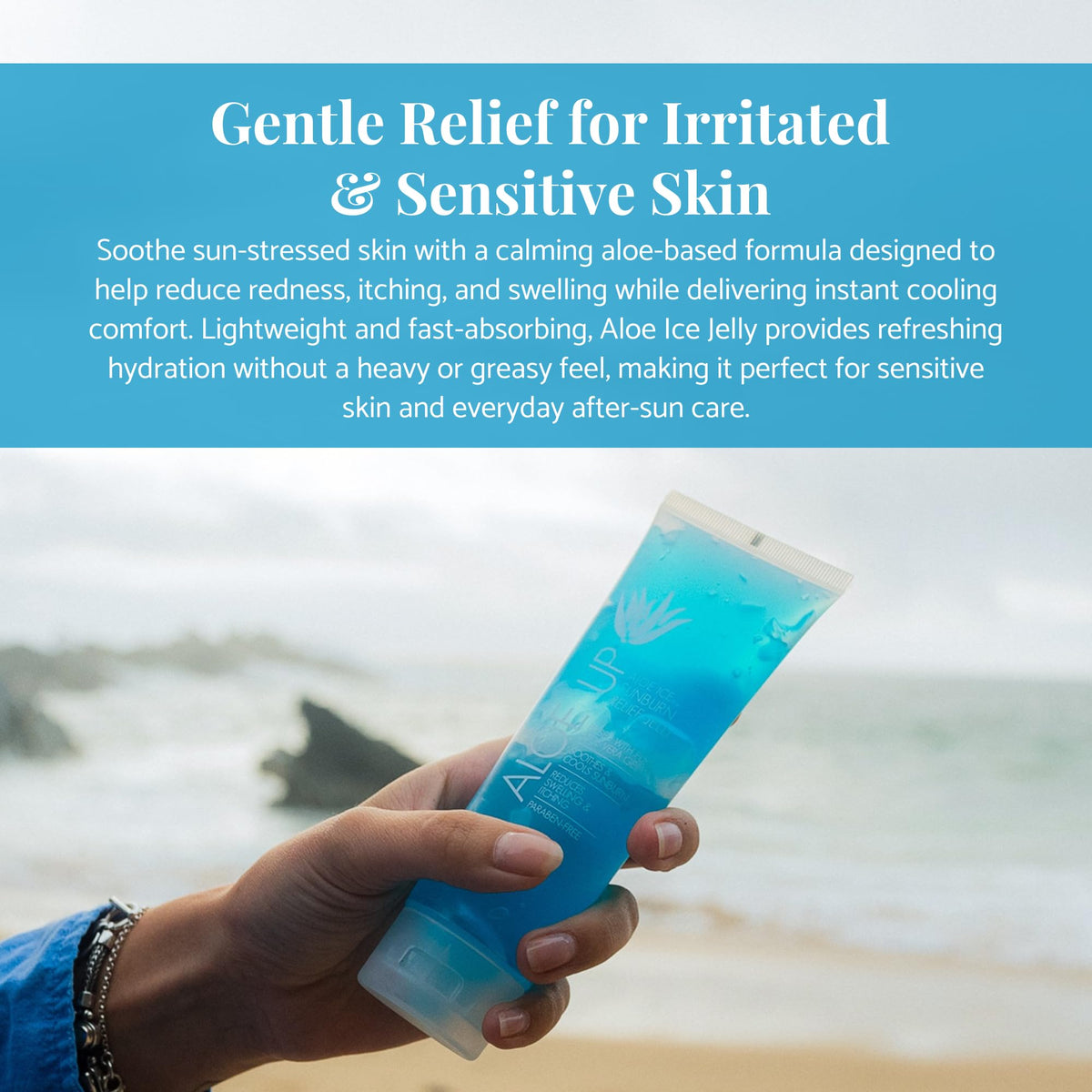 ALOE UP tube in hand demonstrating compact travel size