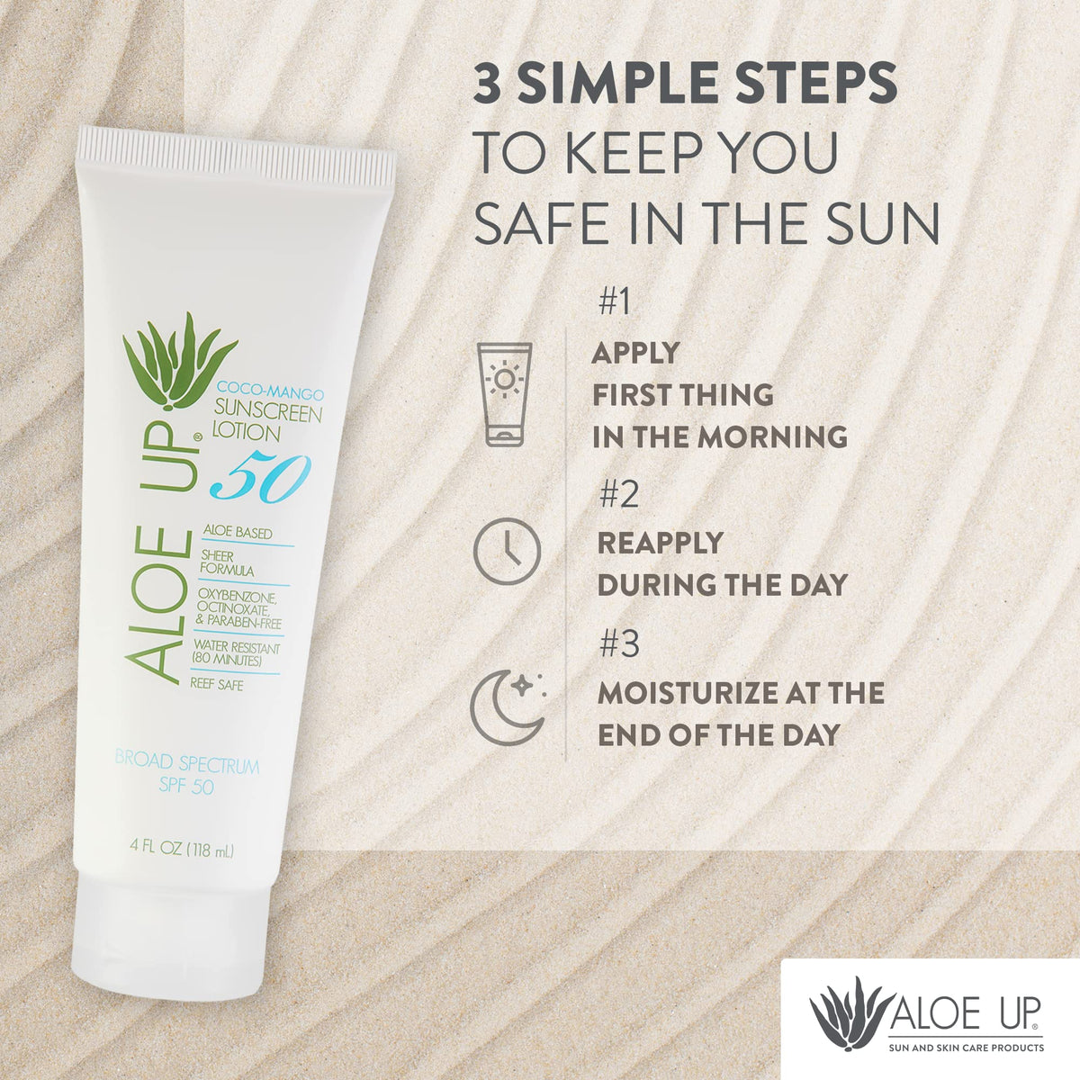 Aloe Up graphic demonstrating SPF 50 broad spectrum shield