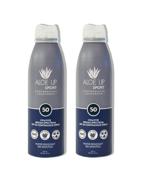 Aloe Up front packaging showing SPF 50 and two-pack convenience