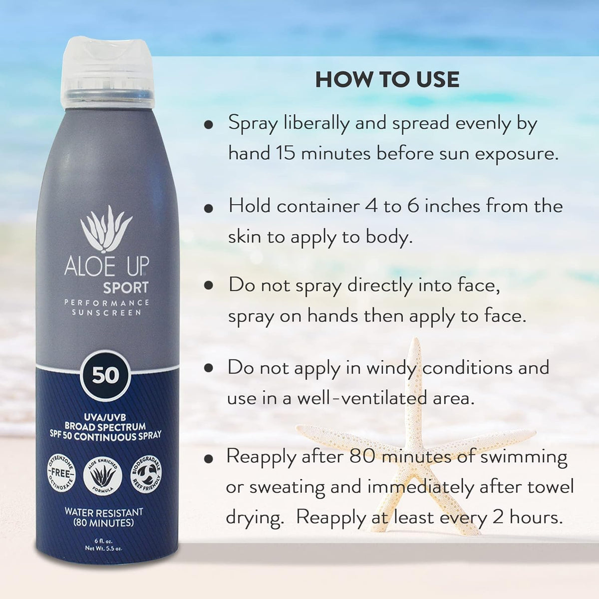 Aloe Up next to water bottle showing 6 oz travel-friendly size
