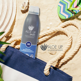 Aloe Up on towel at beach demonstrating outdoor sun protection