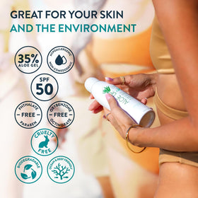 Aloe Up spray in hand demonstrating fast application and even coverage