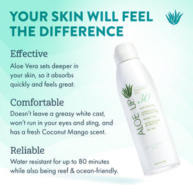 Aloe Up side label detail highlighting water resistant and ingredient benefits