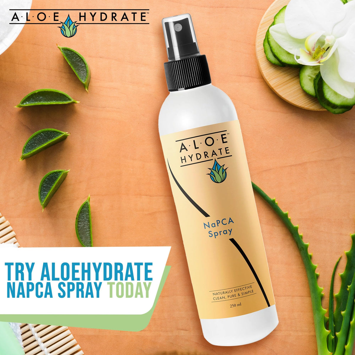 Bathroom shelf scene featuring AloeHydrate as daily skincare essential