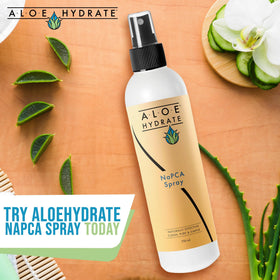 Bathroom shelf scene featuring AloeHydrate as daily skincare essential