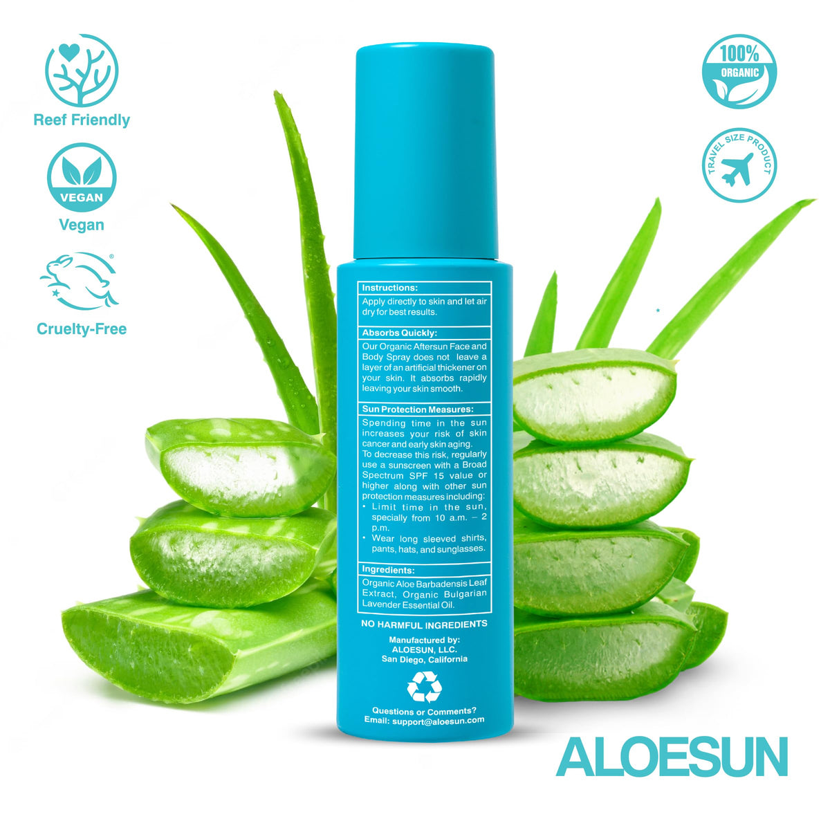 ALOESUN next to paperback and sunscreen illustrating compact 3.4 oz travel benefit