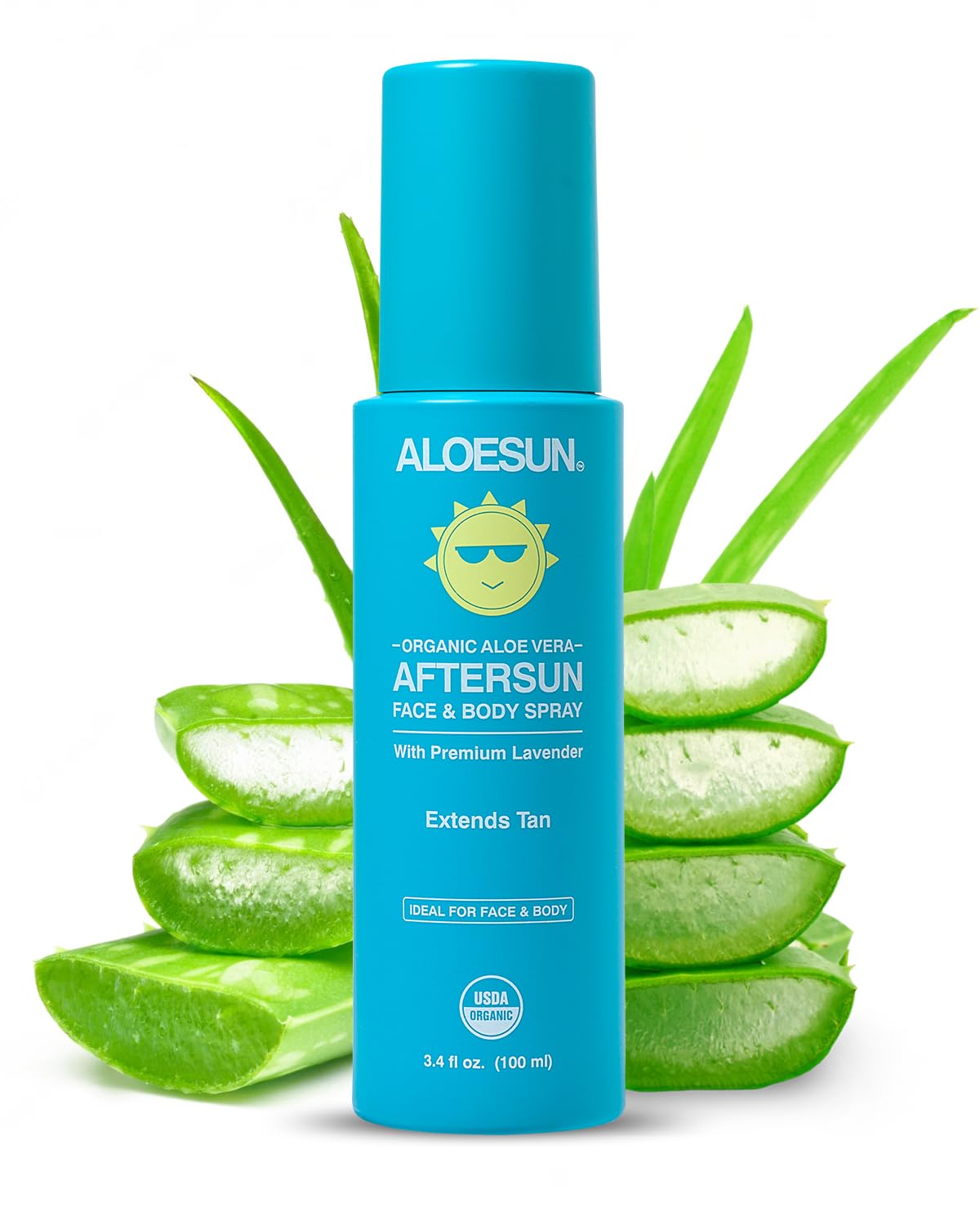 ALOESUN front bottle view showing organic aloe spray and lavender scent benefits