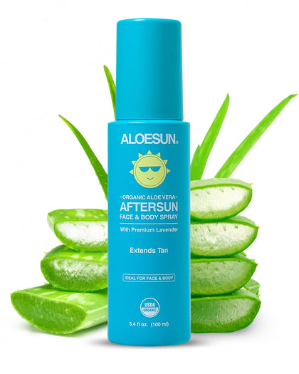 ALOESUN front bottle view showing organic aloe spray and lavender scent benefits