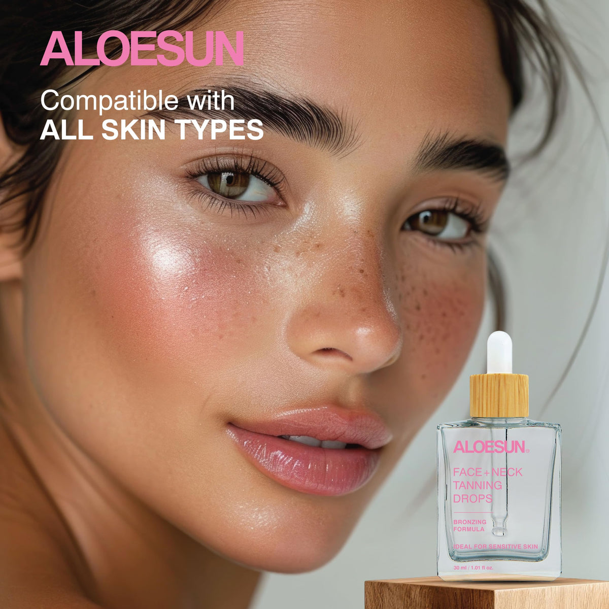 ALOESUN ingredient flatlay featuring aloe vera and fruit extracts for skin support