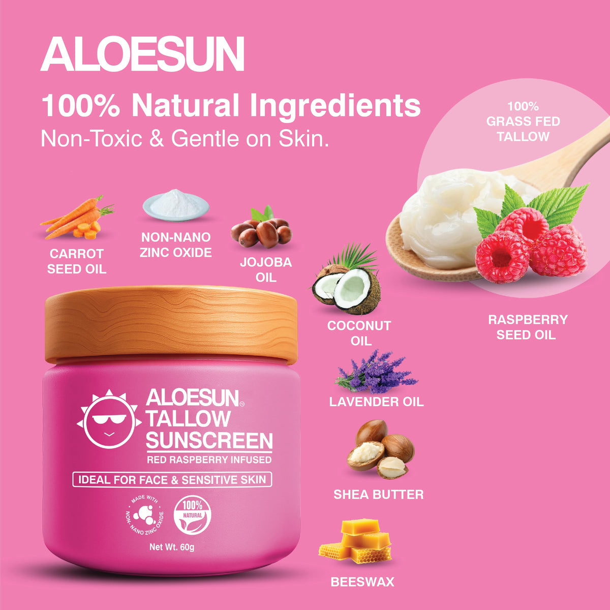 ALOESUN side label view showing ingredients list and non-nano zinc oxide detail