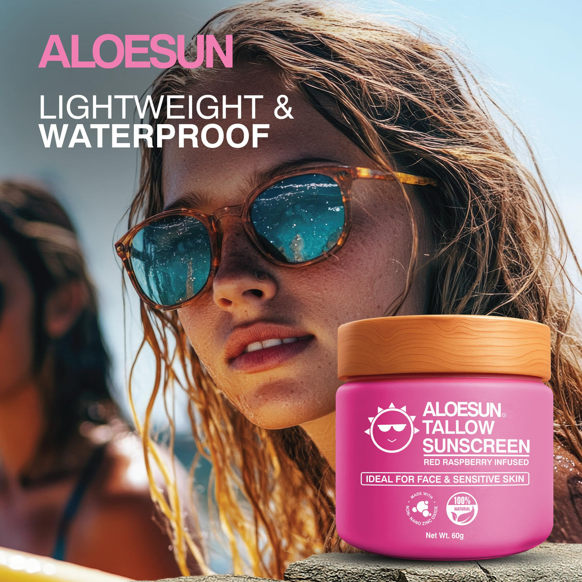 ALOESUN next to travel items showing compact size for on-the-go sun protection