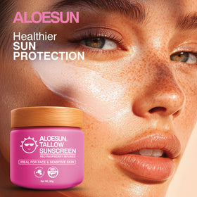 ALOESUN close-up of tube opening showing creamy sunscreen texture and smooth spread