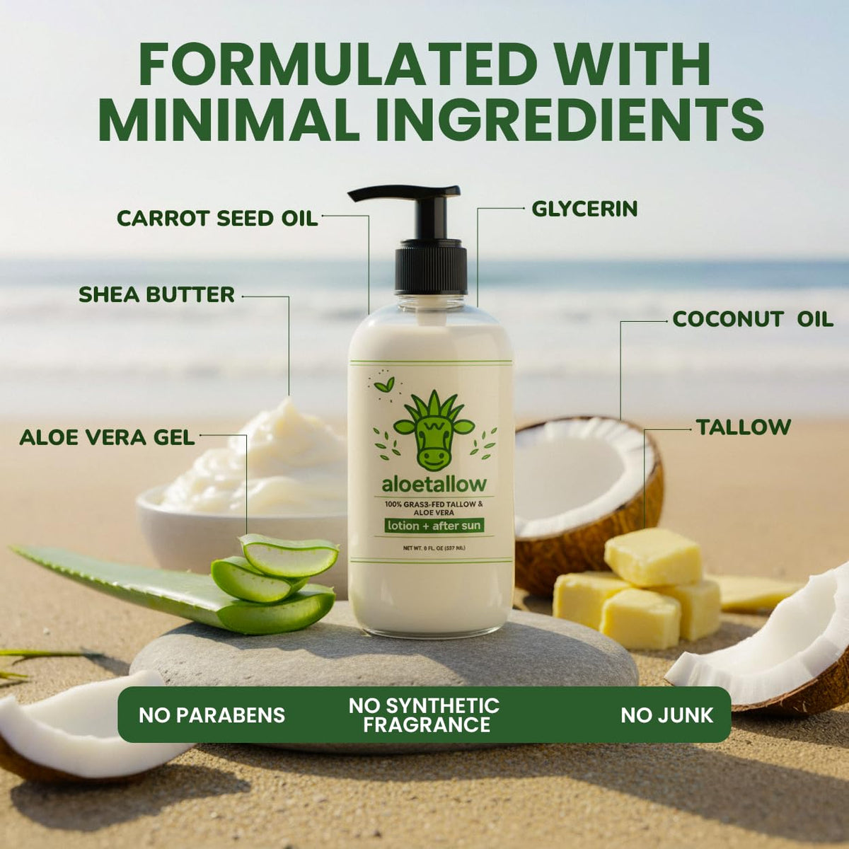 AloeTallow pump dispensing lotion highlighting easy, mess-free application