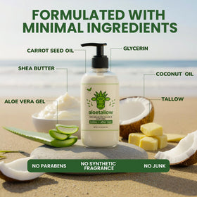 AloeTallow pump dispensing lotion highlighting easy, mess-free application